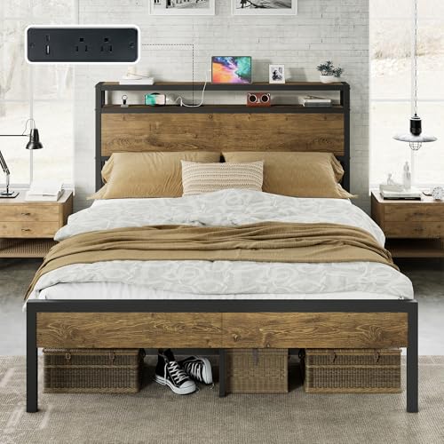 Image of AMERLIFE Full Size Bed Frame with Storage Headboard & Charging Station, Industrial Metal Platform Bed with Large Under-Bed Storage, Heavy Duty Slats, No Box Spring Needed, Rustic Brown