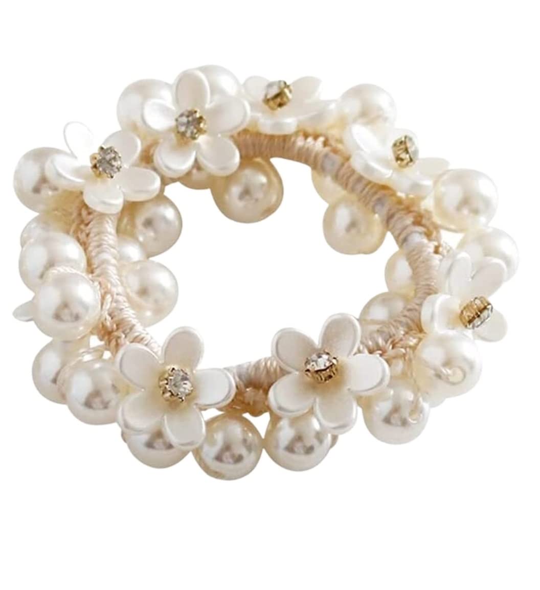 Scrunchies Per Capelli 3pcs Piccolo Fiore Testa Corda Braccialetto Capelli Anello Intrecciato Imitazione Perla Ragazza Copricapo Elastici Per Coda Di Cavallo
