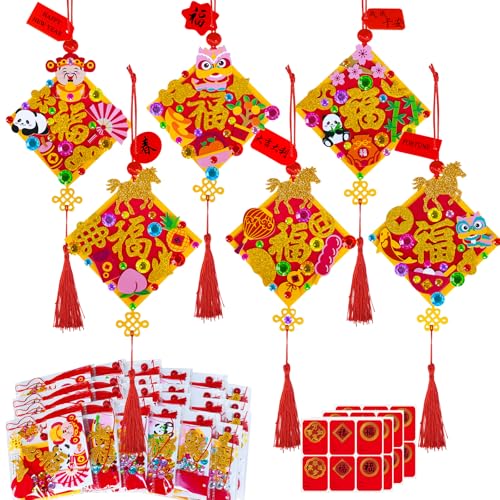 Winlyn 24 Sets Chinese New Year Decorations DIY 3D Fu Good Luck Knot Tassel Ornaments Craft Kits for Kids Asian Lunar New Year 2026 Year of The Horse Classroom Activities Party Favors Gift Exchange