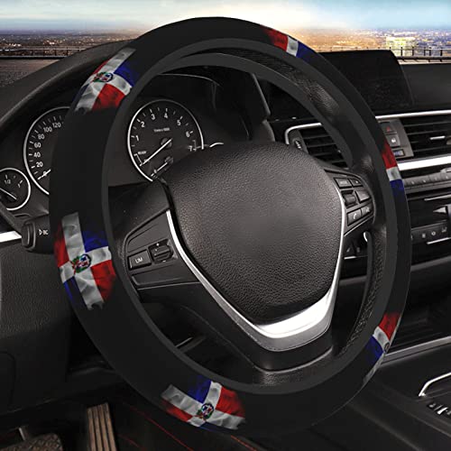 Dominican Republic Flag Rose Steering Wheel Cover for Men Women Anti-Slip Elastic Thickened Steering Wheel Cover Universal Fit 15 Inch