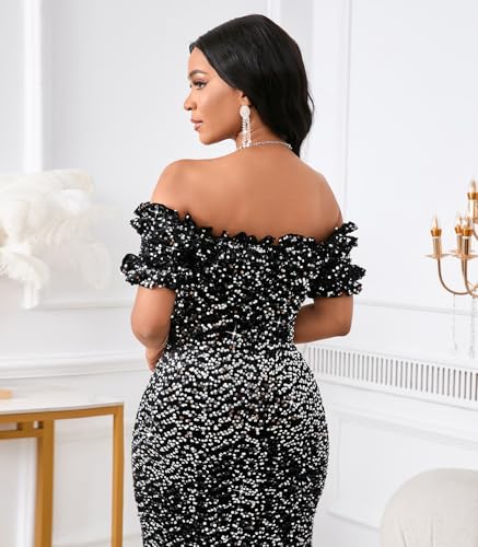 Image of dasmzper Women Sexy Sequin Off Shoulder Ruffle Short Sleeve Bodycon Mermaid Party Formal Evening Maxi Dress
