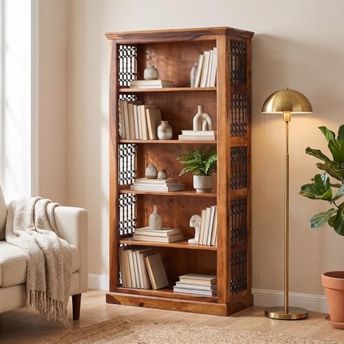 Image of SONA ART & CRAFTS Iron Jali Book Shelf Wooden | Multipurpose 5 Tier Semi Open Bookshelf for Home & Library | Storage Cabinet for Living Room | Crockery Cabinet for Home, Kitchen | Honey Finish