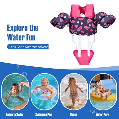 Image of Proberos Kids Swim Vest Cartoon Print, Non-Inflatable Child Buoyancy Float Jacket with Adjustable Straps & Crotch Safety Strap, Lightweight Swimming Aid for Toddlers and Children Age 3-6-Pink