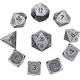 Hestya 10 Pieces Metal Dices Set DND Game Polyhedral Solid D&D Dice Set with Storage Bag and Zinc Alloy with Printed Numbers for Role Playing Game Dungeons and Dragons, Math Teaching (Silver Nickel)