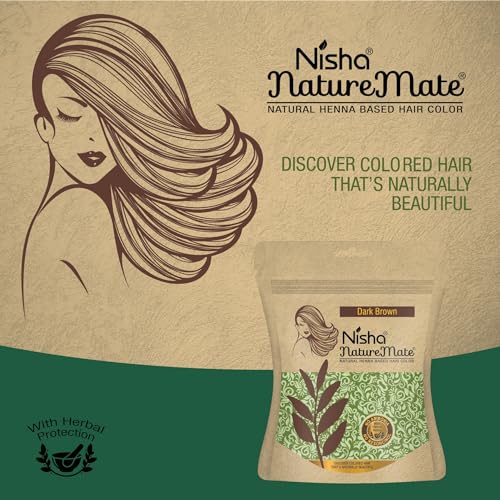 Image of Nisha Nature Mate Henna Powder for Hair Colour, Dark Brown, Permanent Hair Color, Ammonia Free, 100% Grey Coverage, Herbal Hair Dye with Amla, Shikakai, Hibiscus & Aloe Vera (45g Pack of 3)