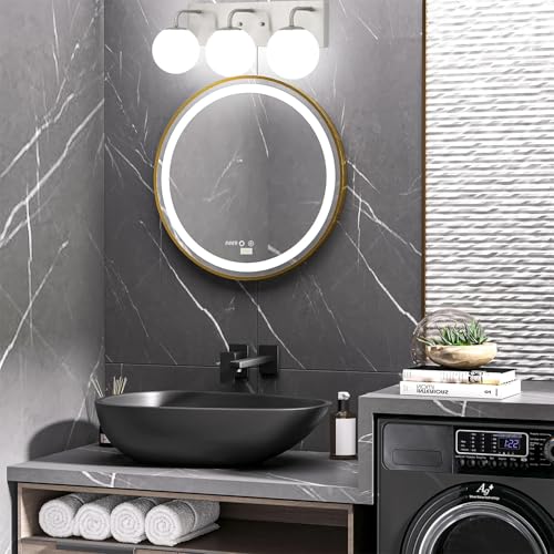 Image of Bathroom Light Fixtures, 3-Light Brushed Nickel Vanity Lights Bathroom Lighting Fixtures Over Mirror, Modern Wall Sconces Wall Lighting with Globe Frosted Milk Glass Shades