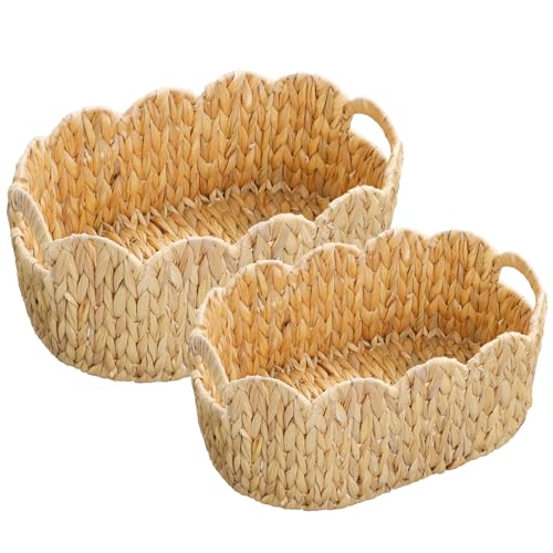 Image of Coeusy Scalloped Basket Set of 2,Water Hyacinth Basket for Organizing and Decor,Hand-Woven Wicker Storage Baskets with Built-In Handles for Nursery,Gift,Laundry