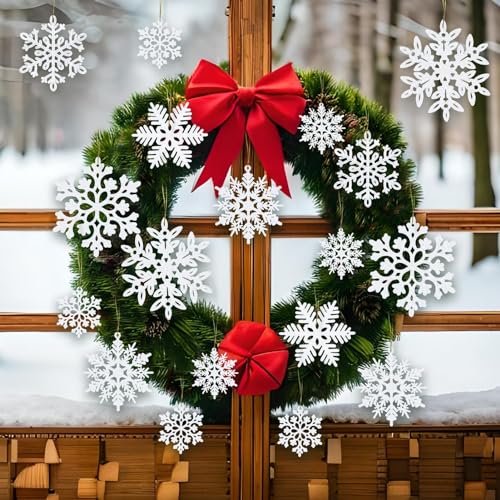 Image of kockuu 49Pcs Christmas Ornaments Snowflake Decorations - White Glitter Christmas Ornaments Hanging Snowflakes for Winter Christmas Tree Wall Ceiling Window Ornaments