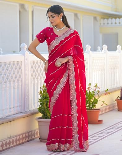Image of SIRIL Women's Shimmer Chiffon Scalloped Border Sequins Embroidery Saree With Unstitched Blouse Piece