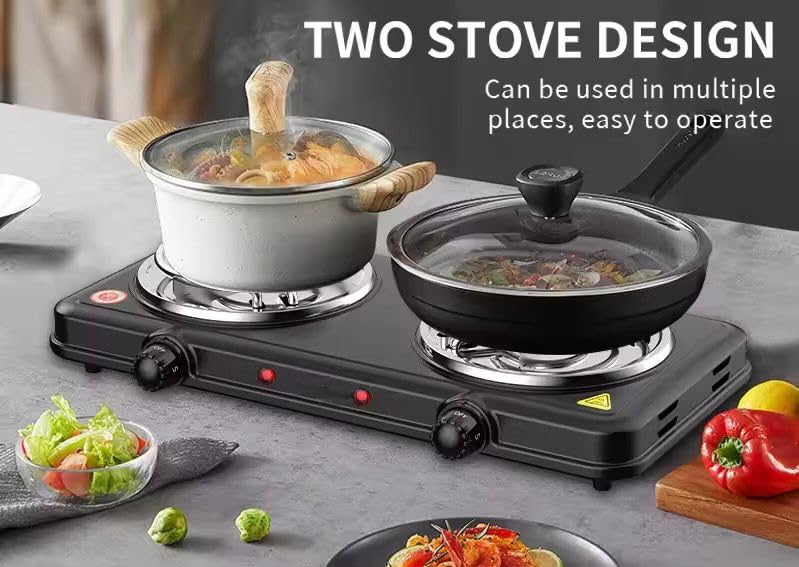 Image of 2000W Electric Double Burner | Adjustable Temperature, Cast Iron | Anti-Rust Double Burners Hot Plate Portable Stove for Home, Hostels, & Commercial Kitchens | 45x23x7 cm | 1-Year Warranty