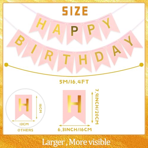 Image of Pink Happy Birthday Banner - 16 ft Pre-Strung Gold & Pink Birthday Party Decorations Sign for Girls, Boys, Kids, Women - No DIY Hanging Backdrop for Indoor & Outdoor Celebrations