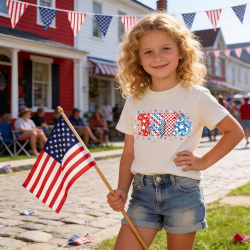 Image of Girl American Flag Shirts Bow Tshirt 4th of July Shirt Cotton Short Sleeve Tees 2-12 Years