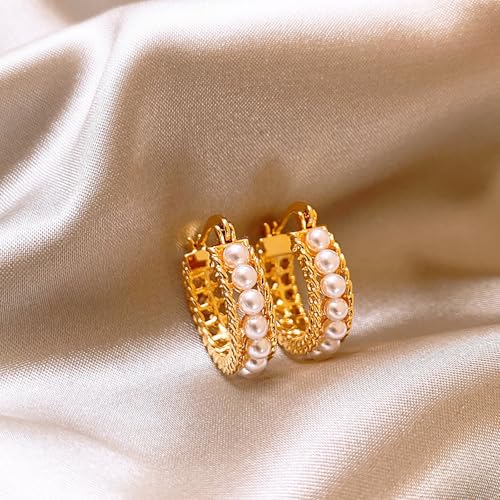 Pearl Hoop Earrings for Women, 18K Gold Plated Small Gold Hoop Earrings, Trendy Hypoallergenic Pearl Huggie Hoops Stud2