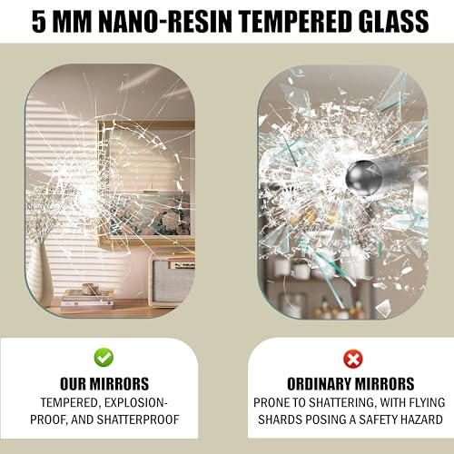 Image of Rousrie Frameless Wall Mirror for Bathroom, Glass, Modern, Clear, Wall Mount, 45 x 30 cm (1, Rectangular)