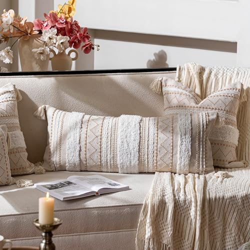 Blissblush LW Cream Decorative Lumbar Throw Pillow Cover 14X36 Boho Long Cushion thumb #2