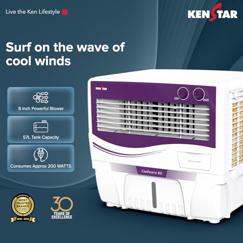 Image of Kenstar COOLWAVE 60 L Air Cooler with Woodwool Cooling Media |5-star BEE Rating | 200 W|Purple & White