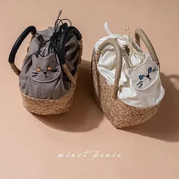 Amazon.co.jp: ミネットパニエニ 猫モチーフ かごバッグ 巾着 PU