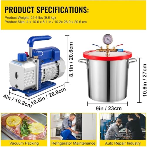 Kit de bomba de vacío y cámara de desgasificación para mantenimiento de aire acondicionado y automóvil, bomba de una etapa eficiente de 5 CFM incluida, 12 L / 3 gal miniatura 2