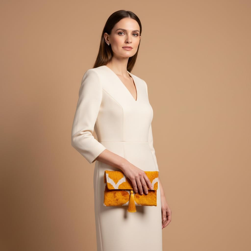 Pochette Ikat in velluto di seta fatta a mano, stile busta, design bohémien, motivo etnico, opzione cinturino a catena, pochette per feste serali, borsa premium, bianco sporco, oro zafferano