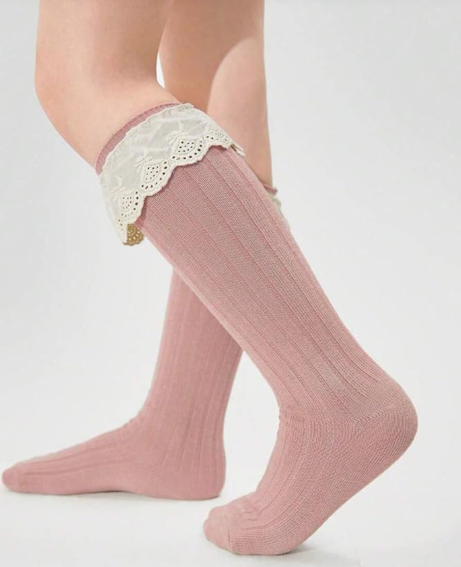 3 Pairs Kids Floral Lace Trim Solid Color Knee High Socks, Cute And Sweet For Girls' Everyday Wear, Autumn Summer Spring3