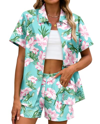 NQIQO Women 2 Piece Hawaiian Floral Outfits Hibiscus Button Down Short Sleeve Shirts and Shorts Tropical Hawaii Sets Mint Green M