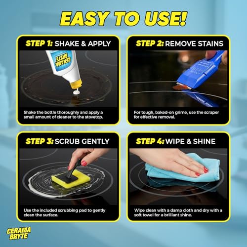 Cerama Bryte Glass Cooktop and Stove Top Cleaner Combo Kit - Includes Cleaning Tool, Razor, Scraper and 1 Pad to Remove Tough Stains - Use on Gas, Electric, Ceramic Surfaces, 10 Ounces, 4 Piece