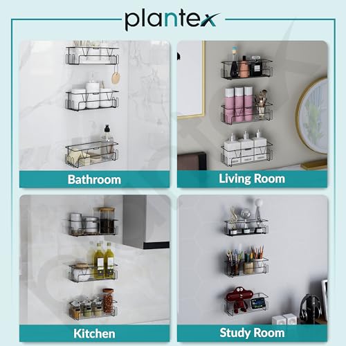Image of Plantex Bathroom Organiser Without Drill /Self Adhesive Bathroom Shelf for Wall /GI Steel Rack with Side Hooks & Magic Sticker /Bathroom Accessories Set (Black, Powder Coated) - Pack of 3