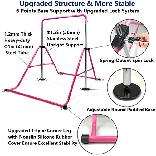 Gymnastics Bar for Kids with Swing Seat Set, Adjustable Height Folding Gymnastic Junior Training Bar Children Monkey Horizontal Bars - Max Load 170LBS(Pink)