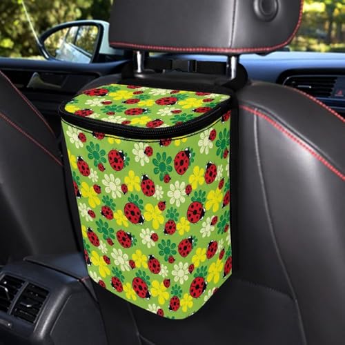 Image of KEIAHUAN Ladybug Car Trash Can with Lid Hanging Garbage Bin and Storage Bag Large Capacity Portable Multi-Functional Rubbish Bag Grocery Organizer for Snacks, Drinks, and Widget, Green