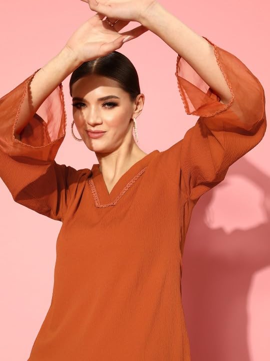 Image of Varanga Women Straight fit Rust kurta with a tonal bottom, designed for comfortable casual and semi formal wear.
