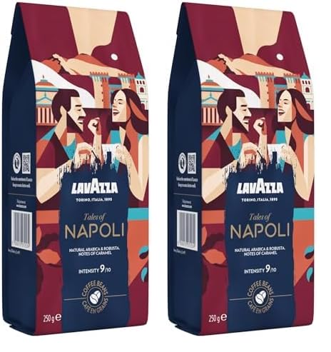 Lavazza, Tales of Napoli, Kaffeebohnen, Ideal für Espresso-Kaffeemaschinen, mit Aroma Noten von Kakao und Karamell, Arabica und Robusta, Intensität 9/10, Dunkel Röstgrad, 250 g (Packung mit 2)