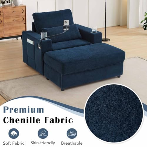 Sillón chenille azul con almacenamiento y USB miniatura 4