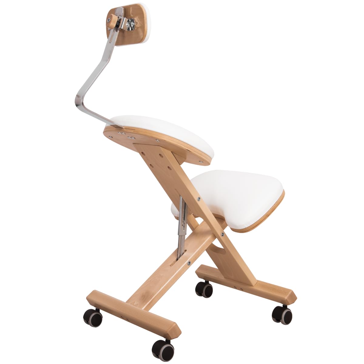 Ergonomischer Stuhl, Kniestuhl Ergo-Comfort+ Snow mit gummierten Rollen und Lendenwirbelstütze, zu 100% aus Buchenholz gefertigt