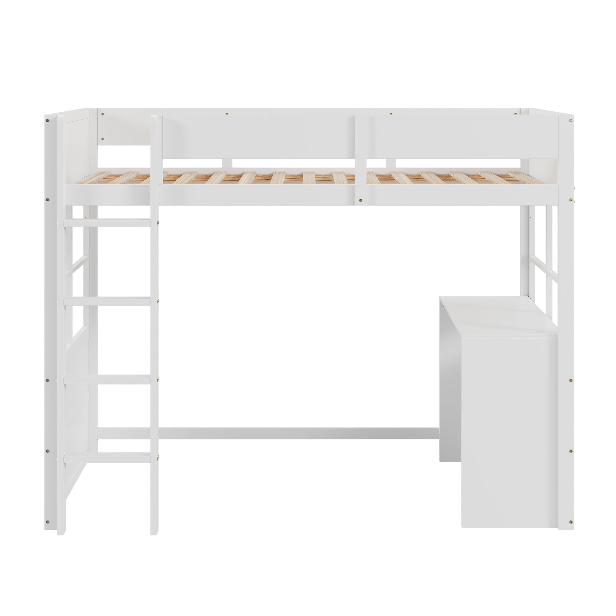 Sapgaks - Cama altillo de 90 x 200 cm, cama infantil con escalera de seguridad y mesa, diseño de alta valla, cama individual de madera, color blanco