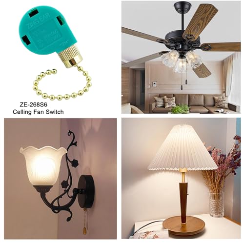 Image of Ceiling Fan Pull Chain Switch 3 Speed 4 Wire Zing Ear ZE-268S6 Ceiling Fan Pull Chain Cord Switch Replacement for Ceiling Fans,Wall Lamps,Cabinet Light (Golden Pull Chain)