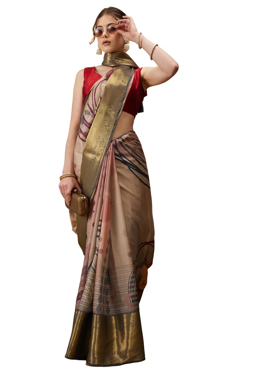 Enthone Banarasi Tusser Soft Silk Digital Print Zari Woven Saree