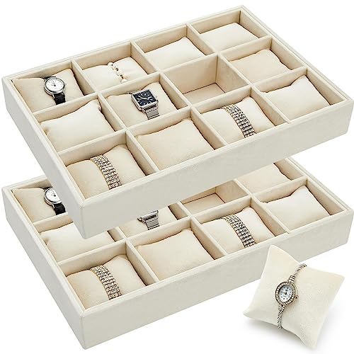 Henoyso 2 Pieces 12 Grid Velvet Watch Tray Jewelry Organizer Stackable Watch Bracelet Bangle Display Holder Adjustable Pillow(Beige)