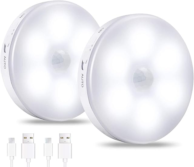 Motion Sensor Light, Rechargeable LED Night Light with USB Cable, Cordless Wall Light with Auto/On/Off for Closet,Stairs, Hallway, Garage (2)