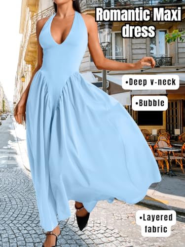 Image of ChiaoLezhee Deep V Neck Dress, Halter Maxi Dresses, Vacation Date Night, Sexy for Women Corset Flowy Wedding Guest Drop Waist