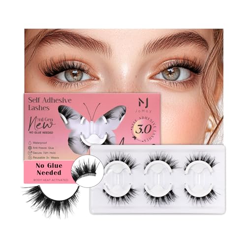 JoMay Self Adhesive Eyelashes No Lash Glue Needed Reusable Up to 5x Natural Strip Lashes 3D Super Fluffy False Eyelashes Easy to Apply & Remove Full Bouncy Volume & Curl 3 Pairs(Butterfly Dance)