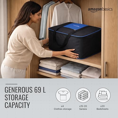 Image of amazon basics 69L Large Storage Bag (Pack Of 2) | Moisture Proof Nylon Big Storage Bag For Clothes With Wide Handles | Wardrobe Packing Container for Winter Blankets | 54x46x28 cm | Blue