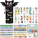 GDFJBG 2-in-1 Weiche Federmäppchen - Kawaii Halloween Federmäppchen Set, Fledermaus + 12 temporäre Tattoos + Lesezeichen + 12 Klatschring Armband, mäppchen, Silikontasche