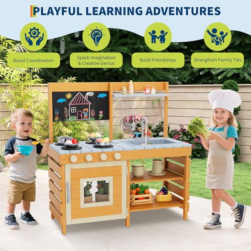 Mud Kitchen for Kids Outdoor Wooden Pretend Play Kitchen Set with See-Through Planter Box, Removable Sink & Faucet, Chalkboard, Storage Shelves＆Pretend Stove Montessori Learning Playset Toy for Toddle