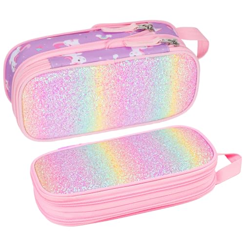 Image of Bagseri Pencil Case for Girls - Expandable Cute Pencil Pouch for Kids Special Pencil Box Large Capacity Pencil Bag Organizer for School (Glitter Purple Unicorn)