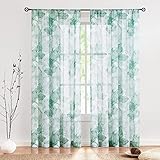 Treatmentex Green White Sheer Curtains for Living Room 84inches Long Lotus Floral Botanical Line Drawing Print Chiffon Semi-Sheer Window Curtain Panels for Bedroom Drapes Rod Pocket 2 Pack