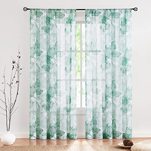 Treatmentex Green White Sheer Curtains for Living Room 84inches Long Lotus Floral Botanical Line Drawing Print Chiffon Semi-Sheer Window Curtain Panels for Bedroom Drapes Rod Pocket 2 Pack