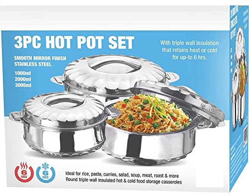 Vision4ever 3pc Silver Color Hot Pot Set Stainless Steel Triple Insulated Casserole Handles Serving Easy to Use and Cleans