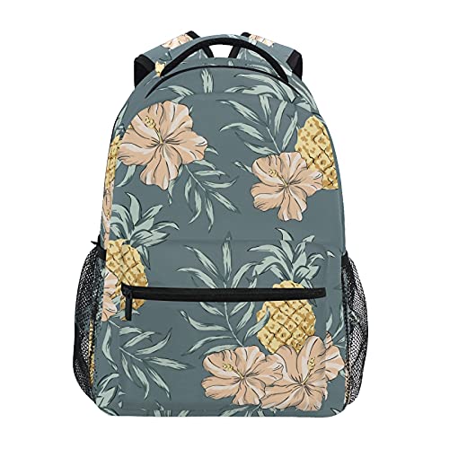 ALAZA Tropical Pink Hibiscus Flowers Pineapples Palm Leaves Dark Gray Unisex Travel Laptop Bags Casual Daypack Book Bag