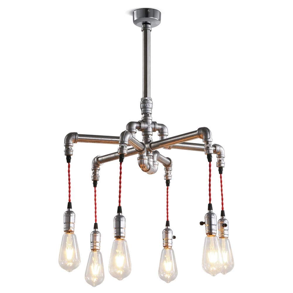 LYMSXAZOU Ceiling Chandelier Lamp, 6-Light Antique Pendant Lighting V-intage Industrial Tap Wrought Iron Steampunk Water Pipe Shaped Retro Loft Hanging Lamp Fixture Rustic