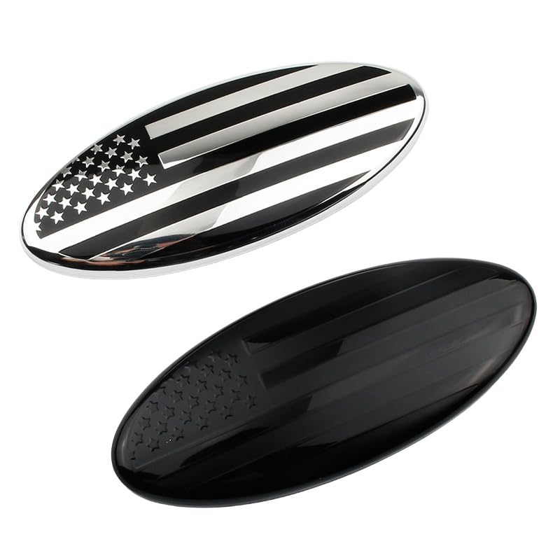 Image of 2 Pack Compatible for 2004-2014 F150 Front Grille Rear Tailgate Emblem, 9 inch Black Oval American Flag Emblem Fits 11-14 Edge, 11-16 Explorer, 06-11 Ranger, 07-14 Expedition